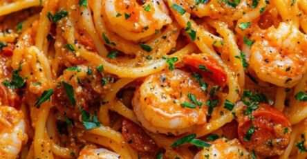 A white bowl filled with swirling spaghetti and juicy pink shrimp coated in a pink creamy tomato sauce, finished with halved cherry tomatoes and green parsley.