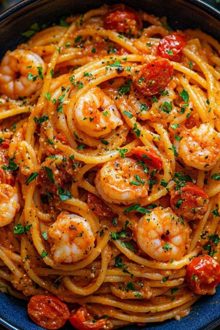 Creamy tomato shrimp spaghetti served with tender shrimp, cherry tomatoes, parmesan, black pepper, and fresh parsley on top.