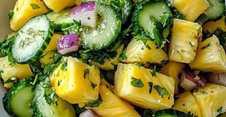 Fresh pineapple cucumber salad with juicy pineapple cubes, cucumber slices, red onion, herbs, lime dressing, and chili flakes in a bowl.