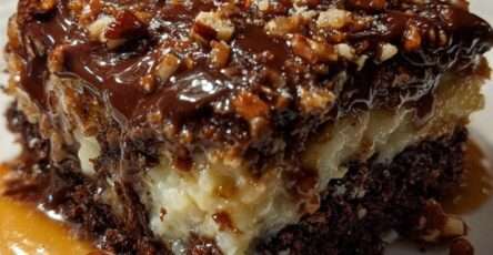 Chocolate coconut pecan caramel cake with moist chocolate cake, coconut pecan filling, glossy chocolate topping, chopped pecans, and caramel drizzle.