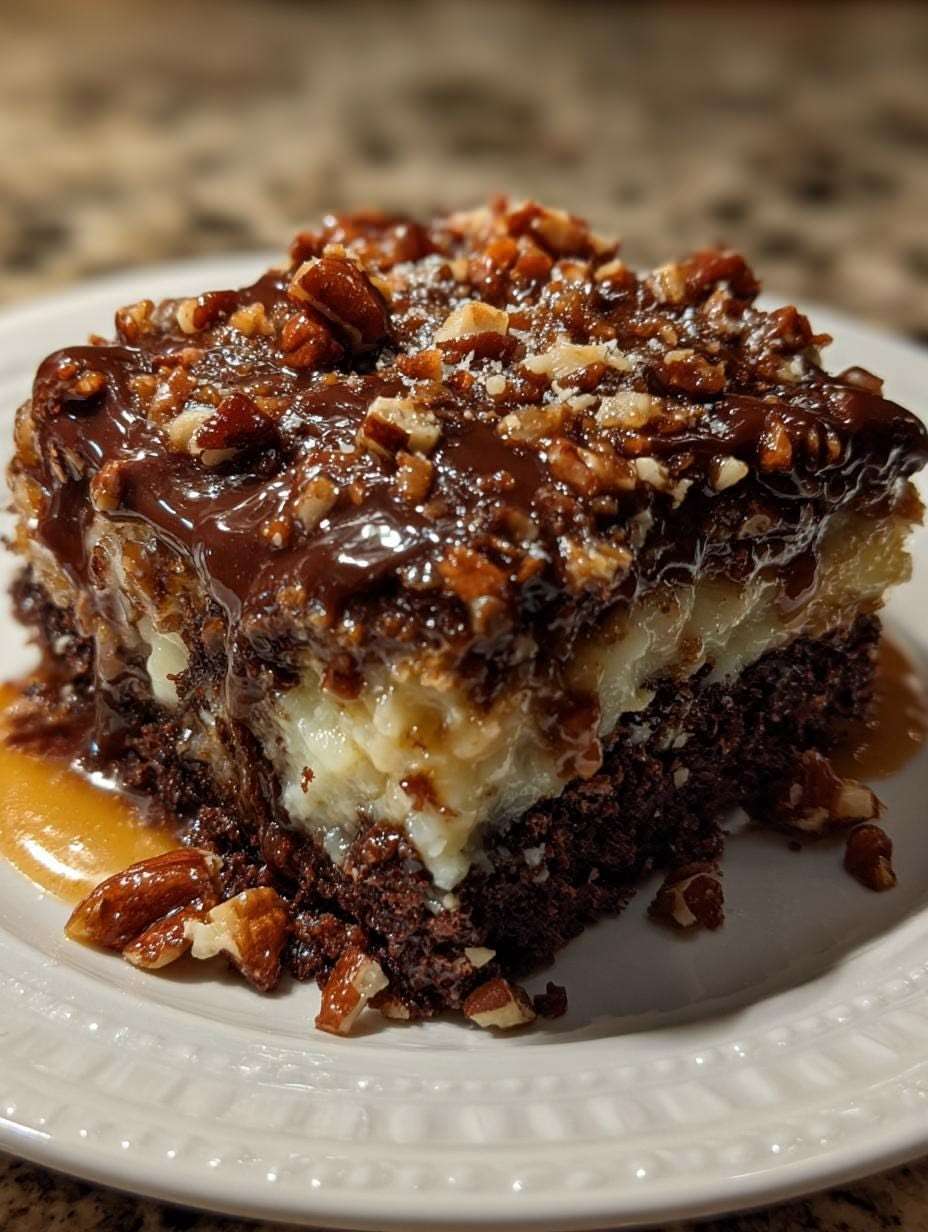 Chocolate coconut pecan caramel cake with moist chocolate cake, coconut pecan filling, glossy chocolate topping, chopped pecans, and caramel drizzle.