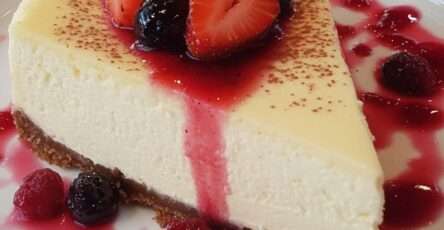 Classic cheesecake topped with homemade berry sauce, fresh strawberries, blueberries, raspberries, mint leaves, and a buttery biscuit crust.