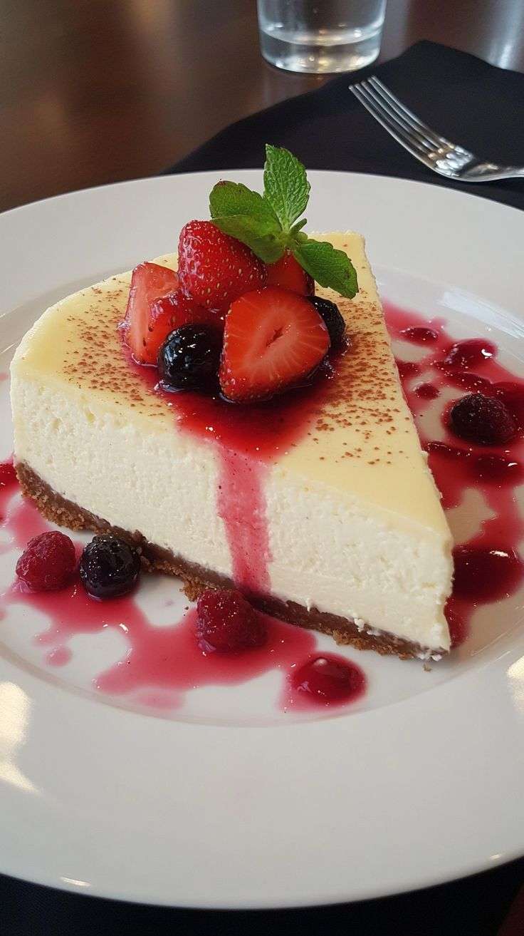 Classic cheesecake topped with homemade berry sauce, fresh strawberries, blueberries, raspberries, mint leaves, and a buttery biscuit crust.