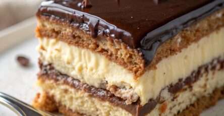 Chocolate vanilla layer cream cake with soft sponge layers, vanilla pastry cream, chocolate cream, glossy ganache, and clean rectangular slices.
