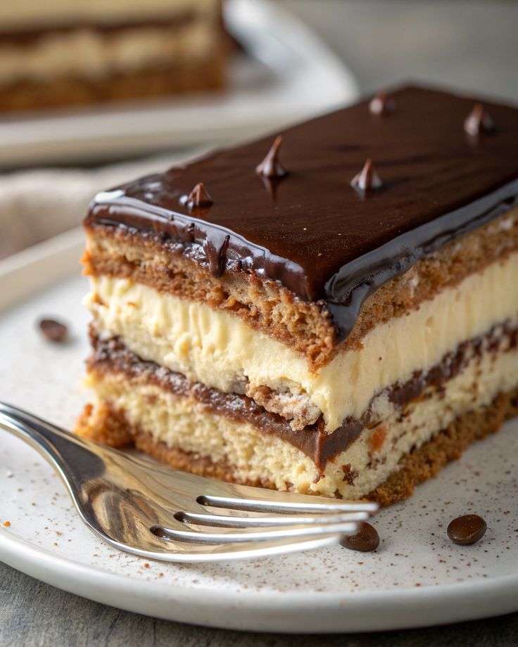 Chocolate vanilla layer cream cake with soft sponge layers, vanilla pastry cream, chocolate cream, glossy ganache, and clean rectangular slices.
