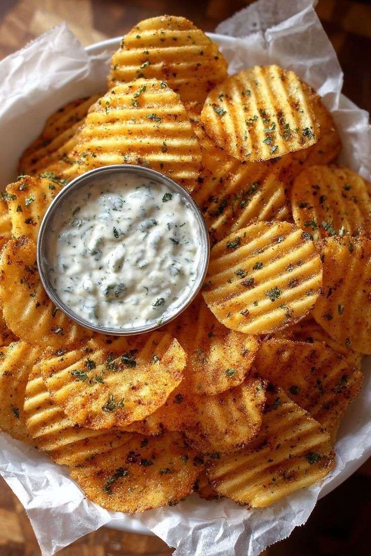 Crispy seasoned potato chips served warm with creamy garlic herb dip, fresh parsley, grated parmesan, and golden edges.