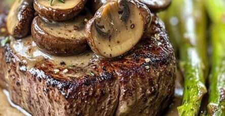 Seared steak served with creamy mushroom sauce, sautéed asparagus, fresh thyme, garlic butter, and cracked black pepper on a plate.