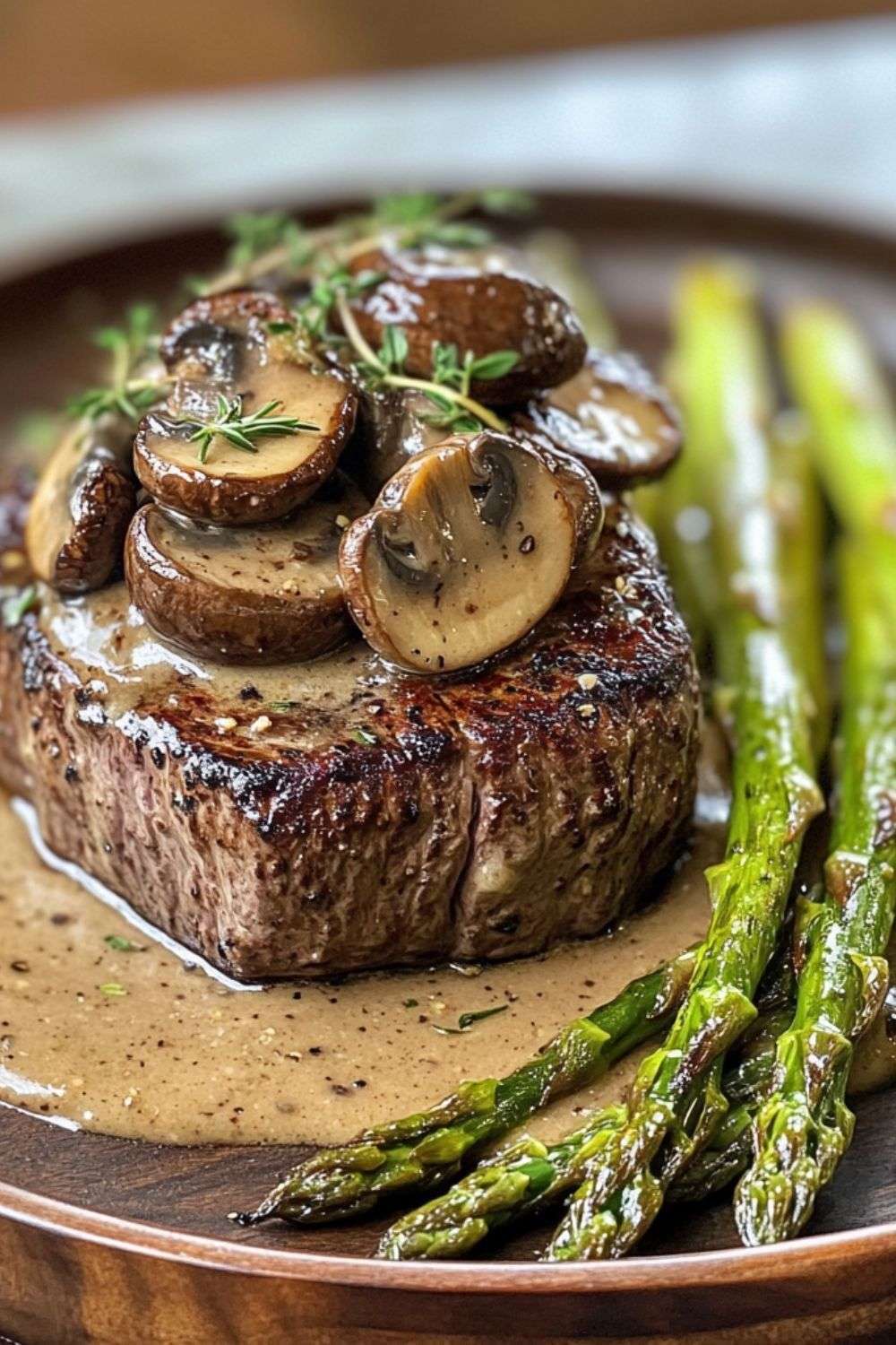 Seared steak served with creamy mushroom sauce, sautéed asparagus, fresh thyme, garlic butter, and cracked black pepper on a plate.