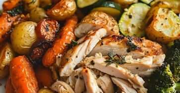 Roasted chicken with vegetables served with golden baby potatoes, carrots, zucchini, broccoli, lemon wedges, herbs, and pan juices.