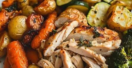 Roasted chicken with vegetables served with golden baby potatoes, carrots, zucchini, broccoli, lemon wedges, herbs, and pan juices.