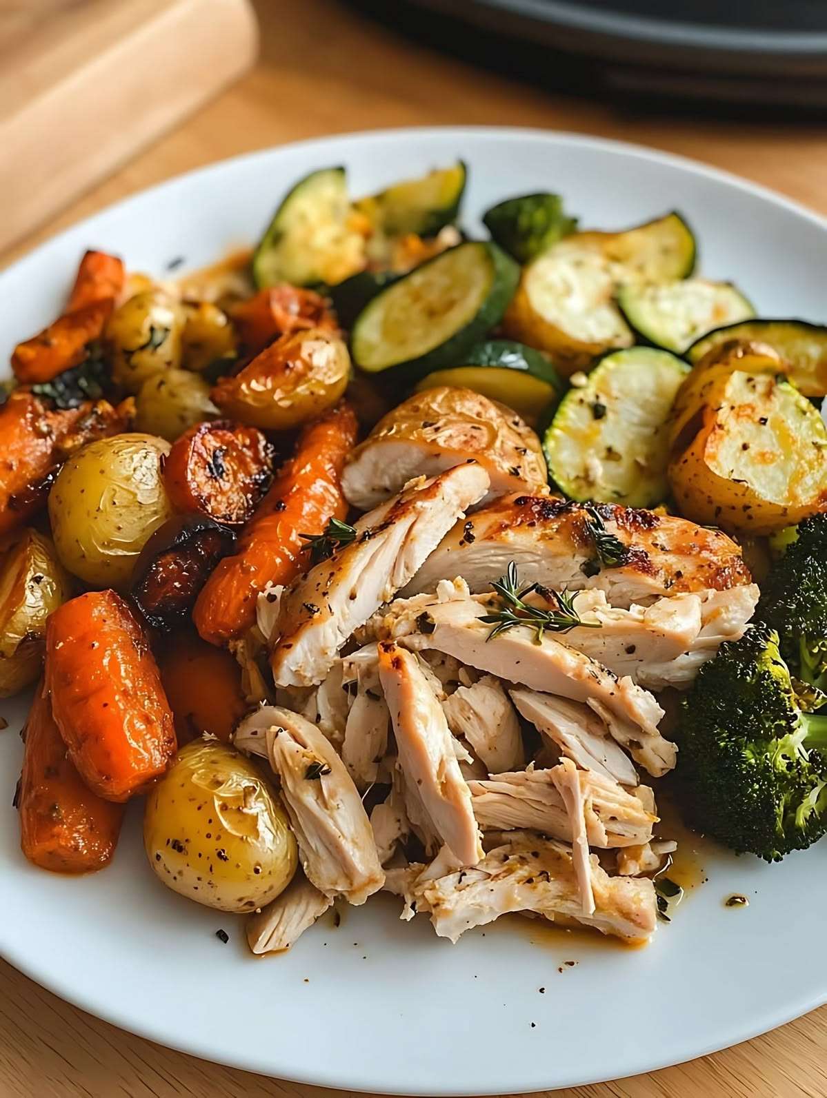Roasted chicken with vegetables served with golden baby potatoes, carrots, zucchini, broccoli, lemon wedges, herbs, and pan juices.