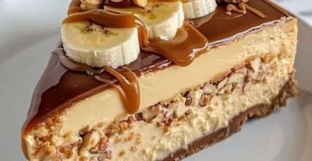 No-bake peanut butter banana caramel cheesecake topped with banana slices, caramel sauce, roasted peanuts, mini cookies, and peanut butter drizzle.