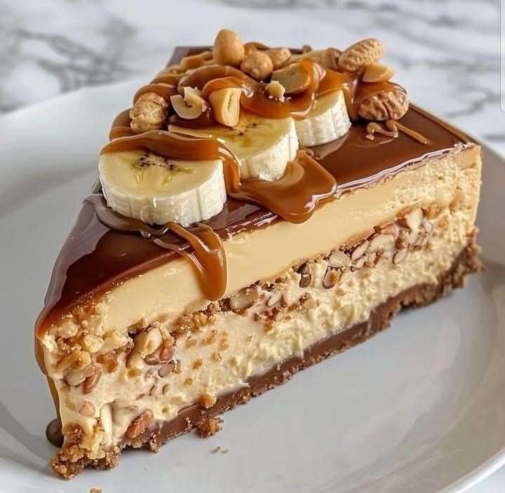 No-bake peanut butter banana caramel cheesecake topped with banana slices, caramel sauce, roasted peanuts, mini cookies, and peanut butter drizzle.