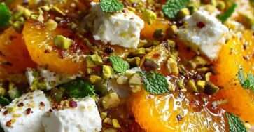 Orange feta pistachio salad with sliced oranges, arugula, feta cubes, chopped pistachios, mint leaves, and honey citrus dressing.