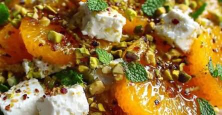 Orange feta pistachio salad with sliced oranges, arugula, feta cubes, chopped pistachios, mint leaves, and honey citrus dressing.