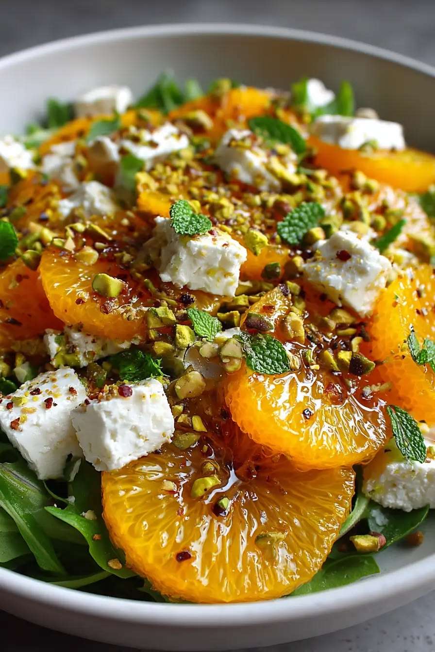 Orange feta pistachio salad with sliced oranges, arugula, feta cubes, chopped pistachios, mint leaves, and honey citrus dressing.
