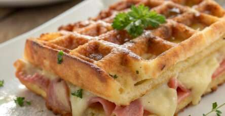 Savory ham and cheese waffle sandwich with golden crispy waffles, melted cheese, sliced ham, parsley, cherry tomatoes, and green salad.