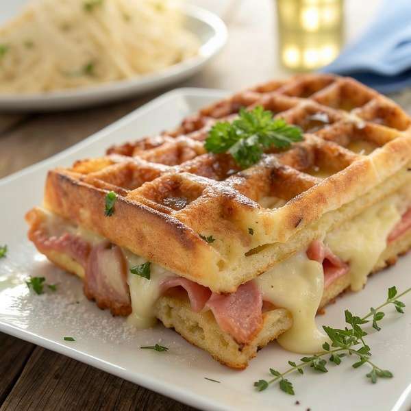 Savory ham and cheese waffle sandwich with golden crispy waffles, melted cheese, sliced ham, parsley, cherry tomatoes, and green salad.
