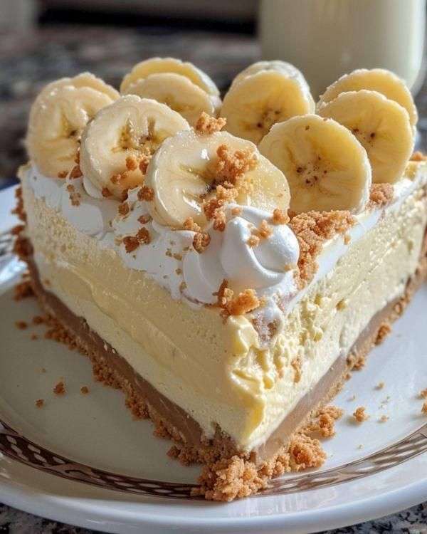 No-bake banana cream cheesecake with buttery biscuit crust, creamy banana filling, whipped cream, banana slices, crushed biscuits, and caramel drizzle.