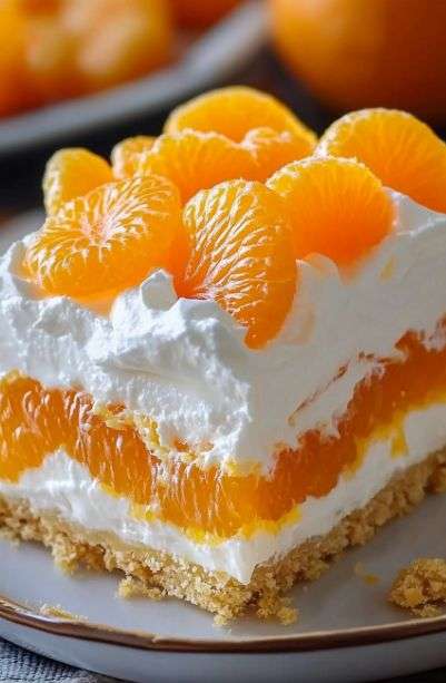 A rectangular glass baking dish displaying a layered dessert with a golden graham cracker crust, a thick white cream layer, and bright orange mandarin slices arranged on top.