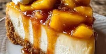 Caramel apple cheesecake topped with cinnamon caramel apples, whipped cream, crushed biscuits, chopped nuts, and caramel drizzle.