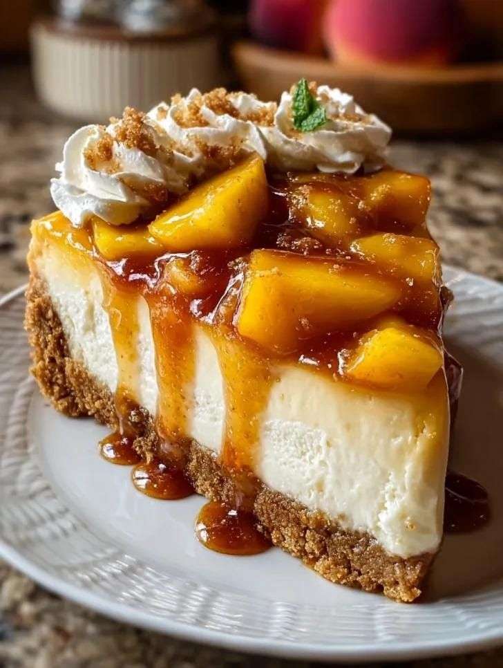 Caramel apple cheesecake topped with cinnamon caramel apples, whipped cream, crushed biscuits, chopped nuts, and caramel drizzle.