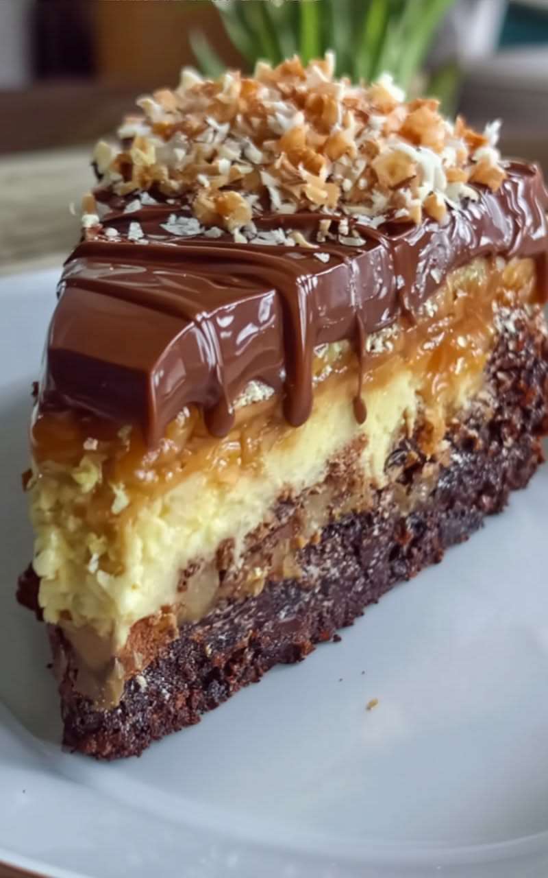 Chocolate caramel cheesecake brownie cake with a fudgy brownie base, creamy cheesecake layer, caramel topping, glossy ganache, nuts, and coconut.