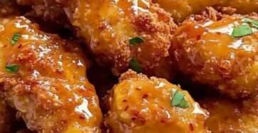A platter of golden brown crispy chicken tenders covered in a shiny red sweet chili glaze and topped with finely chopped fresh green herbs.