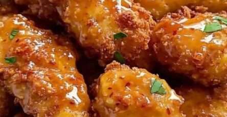 A platter of golden brown crispy chicken tenders covered in a shiny red sweet chili glaze and topped with finely chopped fresh green herbs.