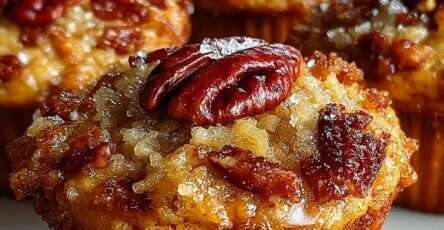 Honey pecan muffins with a sticky pecan topping, golden muffin crumb, glossy honey drizzle, and chopped pecans served with coffee.