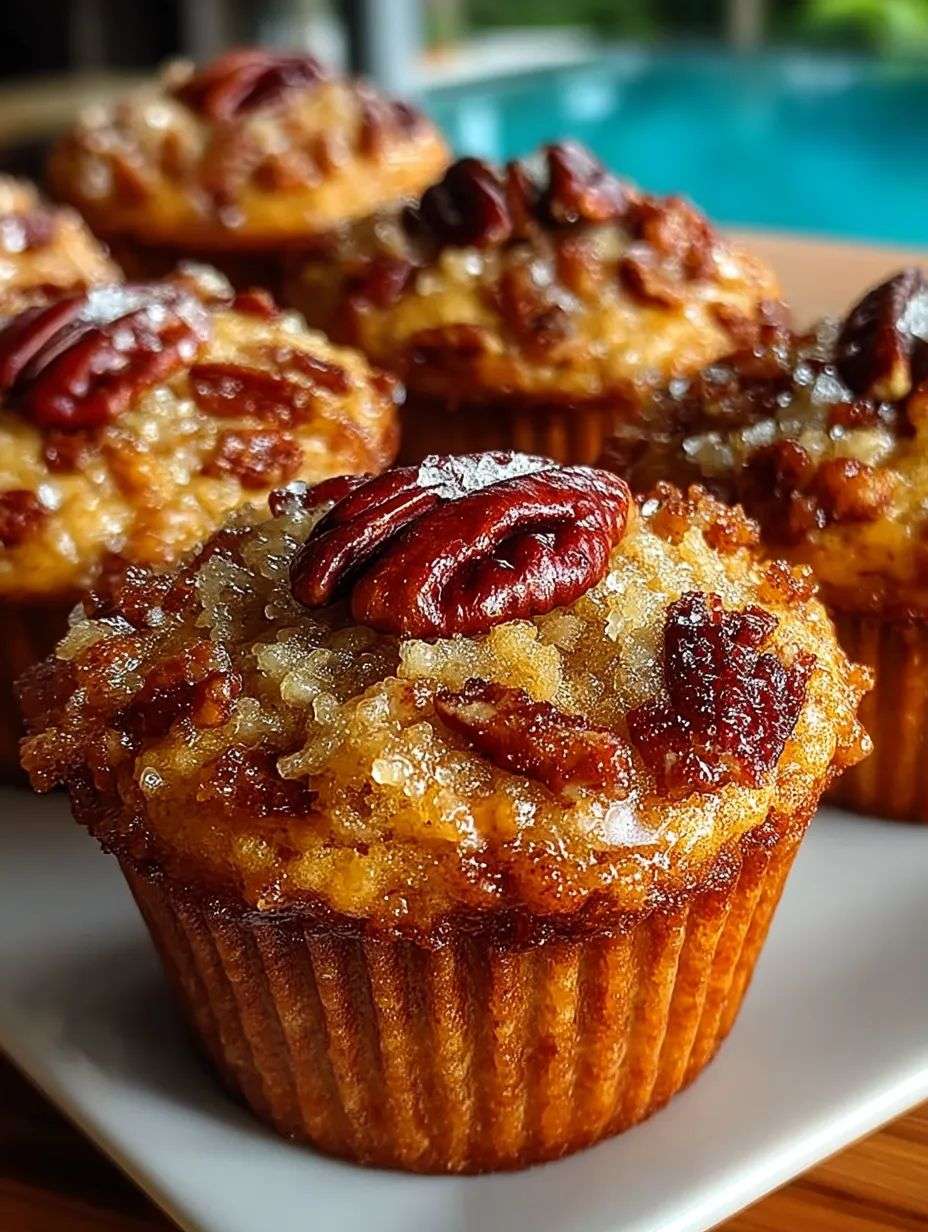 Honey pecan muffins with a sticky pecan topping, golden muffin crumb, glossy honey drizzle, and chopped pecans served with coffee.