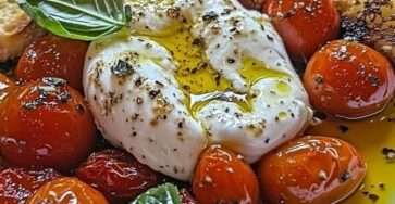 Burrata served with roasted cherry tomatoes, garlic toast, fresh basil, olive oil, flaky sea salt, and black pepper on a plate.