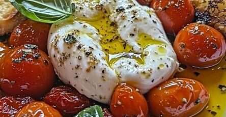 Burrata served with roasted cherry tomatoes, garlic toast, fresh basil, olive oil, flaky sea salt, and black pepper on a plate.