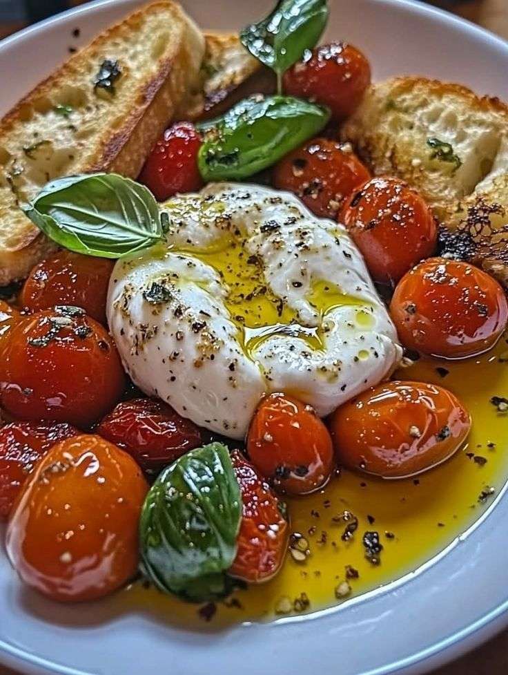 Burrata served with roasted cherry tomatoes, garlic toast, fresh basil, olive oil, flaky sea salt, and black pepper on a plate.