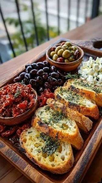 Mediterranean appetizer board with crispy garlic toast, black olives, green olives, feta cheese, sun-dried tomatoes, roasted pepper spread, and parsley.