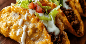 Crispy beef and cheese tacos filled with seasoned ground beef, melted cheese, shredded lettuce, diced tomatoes, red onion, sour cream, and fresh herbs.