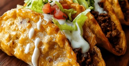 Crispy beef and cheese tacos filled with seasoned ground beef, melted cheese, shredded lettuce, diced tomatoes, red onion, sour cream, and fresh herbs.