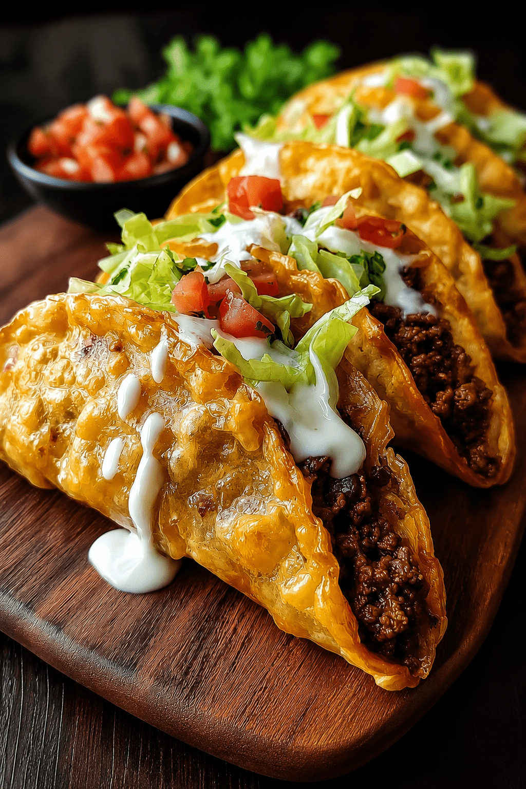 Crispy beef and cheese tacos filled with seasoned ground beef, melted cheese, shredded lettuce, diced tomatoes, red onion, sour cream, and fresh herbs.