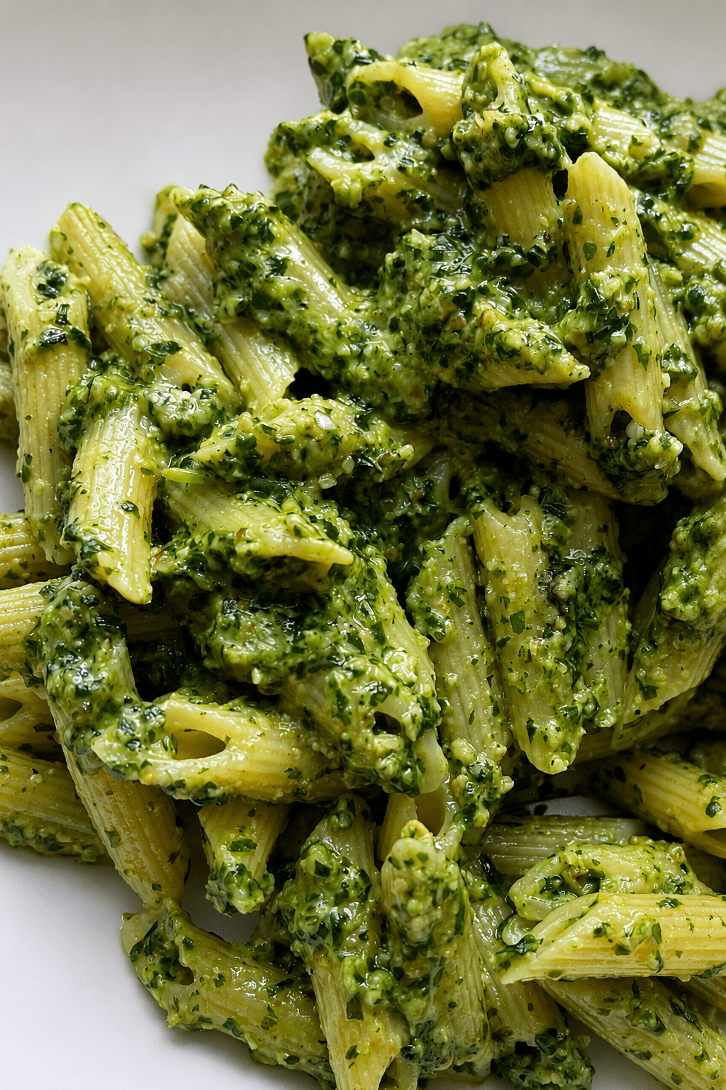 Creamy pesto penne pasta served in a bowl with green basil sauce, grated parmesan, black pepper, fresh basil leaves, and a rich creamy texture.