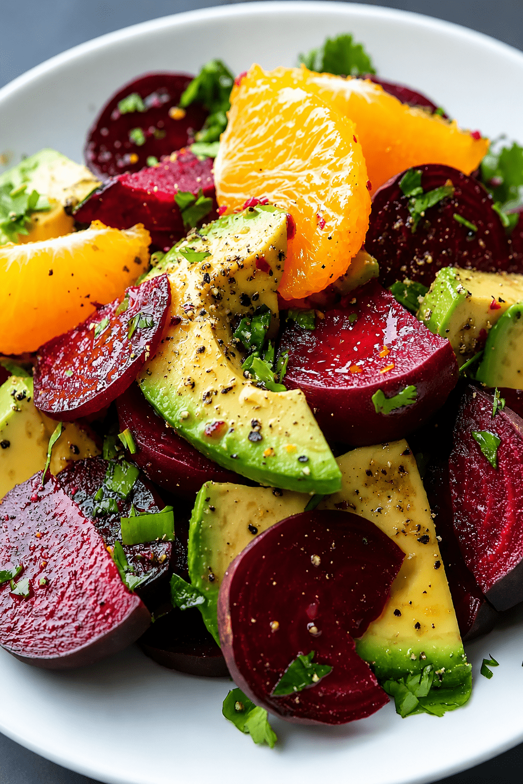 Colorful beet avocado orange salad served with sliced cooked beets, creamy avocado wedges, juicy orange segments, fresh herbs, and citrus dressing.