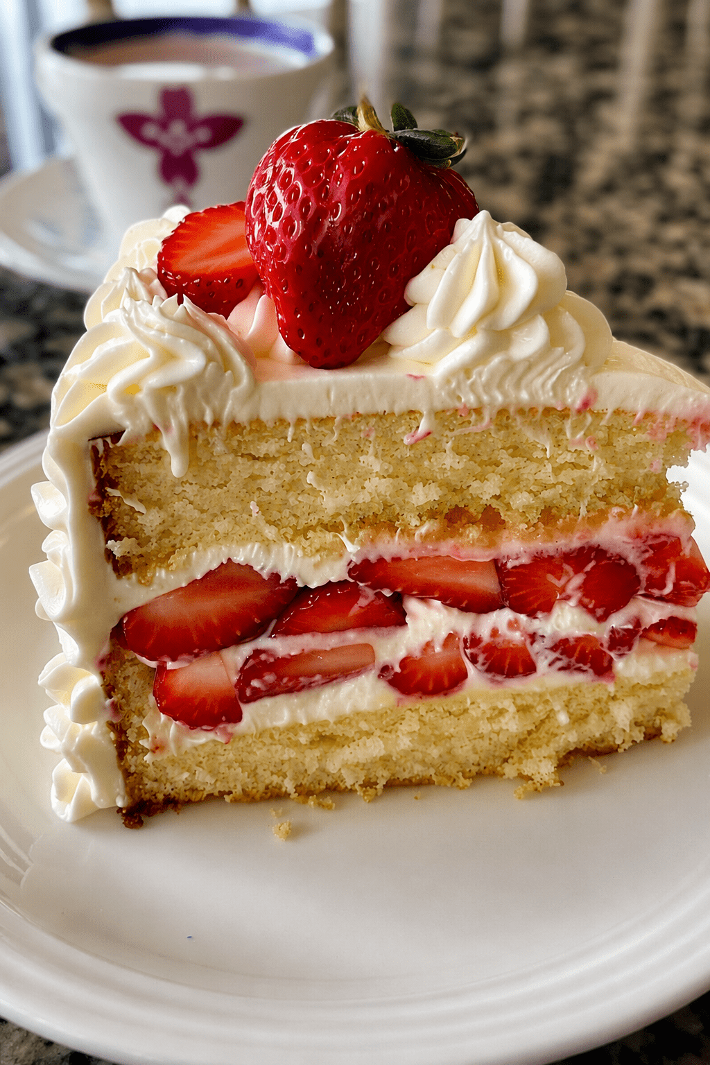 Strawberry cream layer cake with soft vanilla cake layers, mascarpone whipped cream filling, sliced fresh strawberries, and whole strawberries on top.