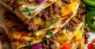 Cheesy beef quesadillas sliced into golden triangles with seasoned ground beef, melted cheddar, mozzarella, salsa, guacamole, sour cream, jalapeños, and fresh cilantro.