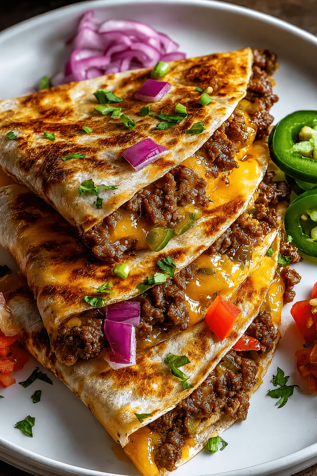 Cheesy beef quesadillas sliced into golden triangles with seasoned ground beef, melted cheddar, mozzarella, salsa, guacamole, sour cream, jalapeños, and fresh cilantro.