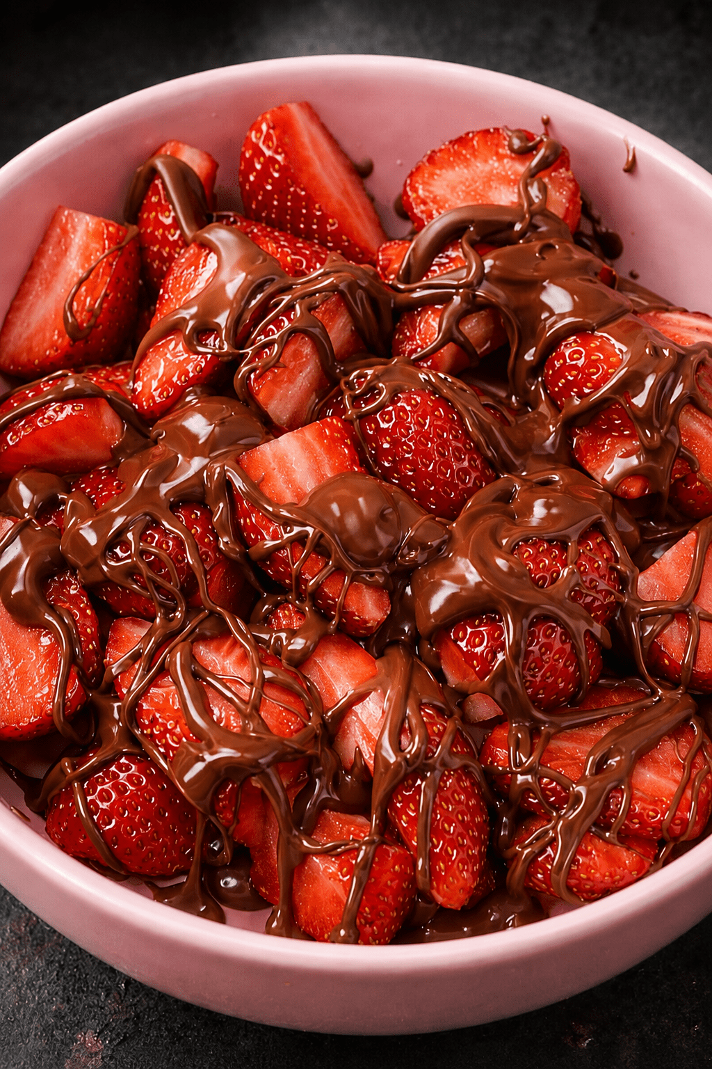 Chocolate covered strawberries bowl with fresh sliced strawberries drizzled with melted chocolate, topped with chopped nuts, coconut, biscuit crumbs, and white chocolate drizzle.