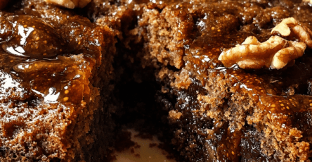 Moist fig walnut cake topped with glossy honey fig glaze, walnut halves, chopped figs, and a golden crumb served on a rustic cake plate.