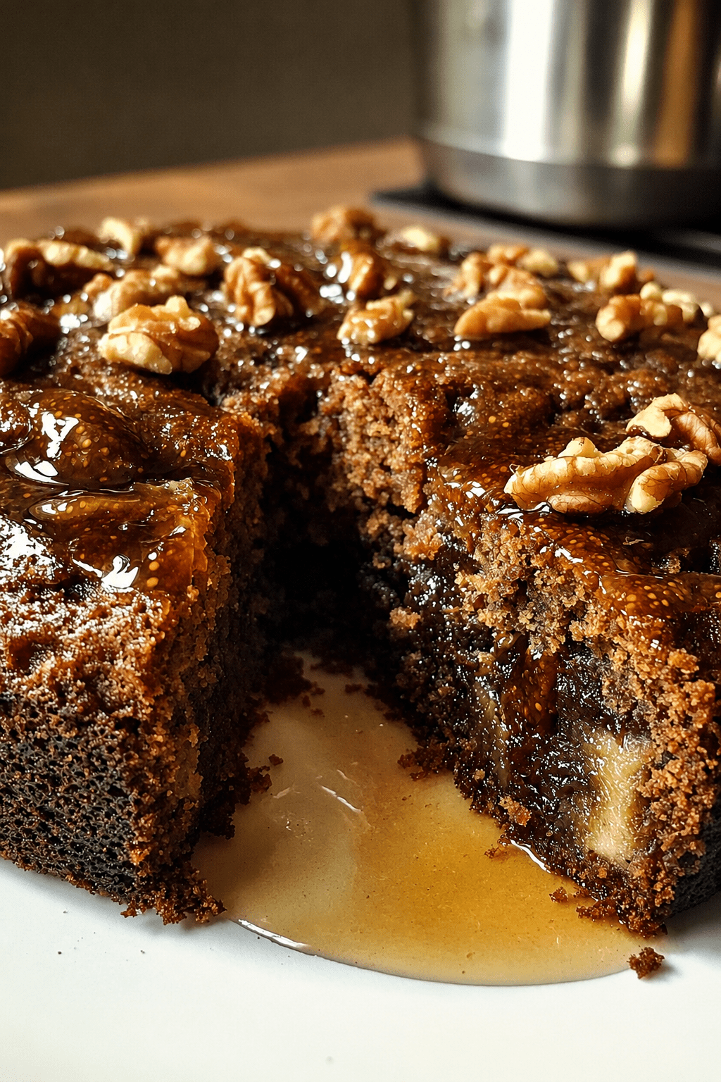Moist fig walnut cake topped with glossy honey fig glaze, walnut halves, chopped figs, and a golden crumb served on a rustic cake plate.