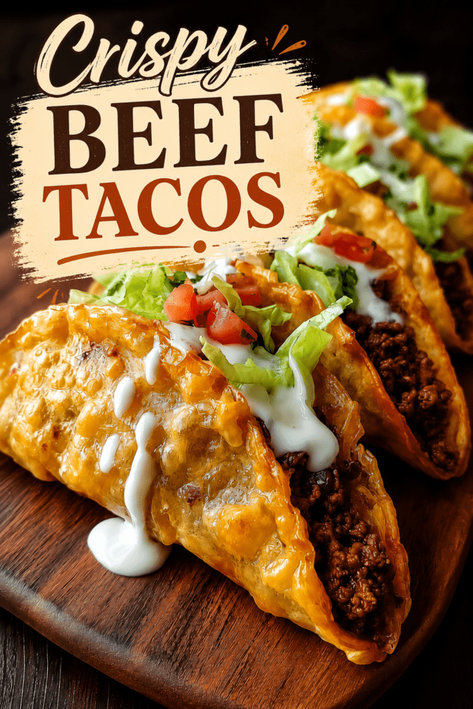 Crispy beef and cheese tacos filled with seasoned ground beef, melted cheese, shredded lettuce, diced tomatoes, red onion, sour cream, and fresh herbs.