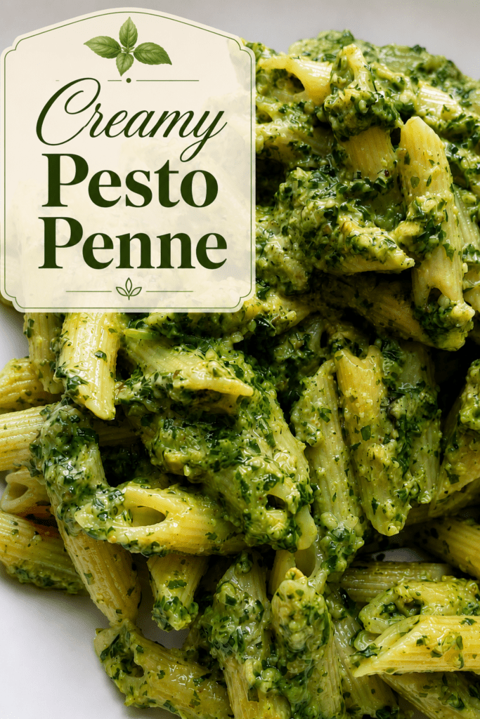 Creamy pesto penne pasta served in a bowl with green basil sauce, grated parmesan, black pepper, fresh basil leaves, and a rich creamy texture.