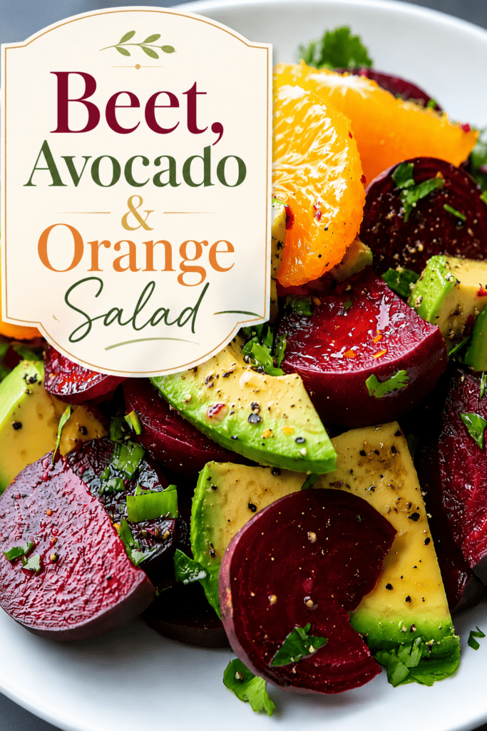 Colorful beet avocado orange salad served with sliced cooked beets, creamy avocado wedges, juicy orange segments, fresh herbs, and citrus dressing.