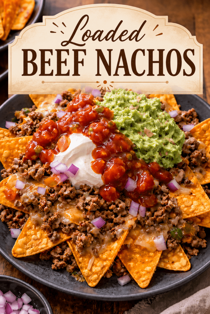 Loaded beef nachos served on a tray with crispy tortilla chips, seasoned ground beef, melted cheddar, guacamole, salsa, sour cream, red onion, jalapeños, and fresh cilantro.